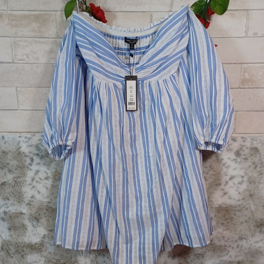 Romeo & Juliet Couture Strapless Blue White Striped Dress M L Pouf Slv NEW $195
